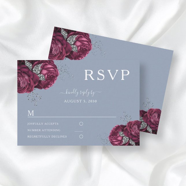 Dusty Blue Floral Burgundy Peonies Elegant Wedding RSVP Card (Creator Uploaded)