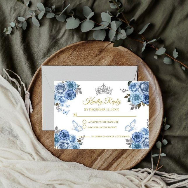 Dusty Blue Floral Butterfly  Gold Quinceanera RSVP Enclosure Card (Creator Uploaded)