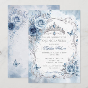 Dusty Blue Floral Butterfly Quinceañera Invitation