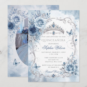 Dusty Blue Floral Butterfly Quinceañera Photo Invitation