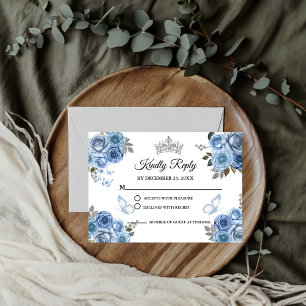 Dusty Blue Floral Butterfly Quinceanera RSVP Enclosure Card