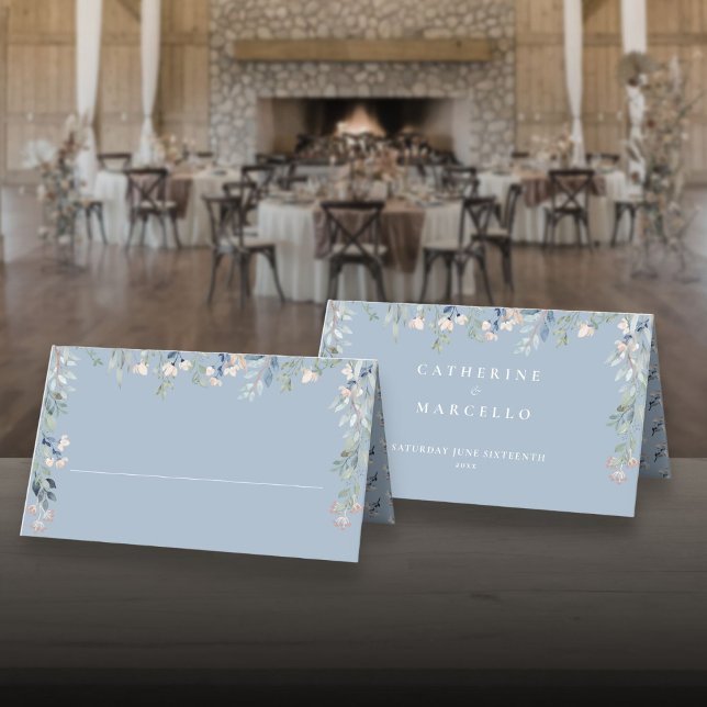 Dusty Blue Floral Cacscade Wedding  Place Card (Dusty Blue Floral Cacscade Wedding Place Card)