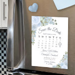 Dusty Blue Floral Calendar Save the Date Magnet<br><div class="desc">These beautiful magnetic save the date cards are a wonderful way to let your friends and family know about your upcoming wedding. The rustic boho chic design features a customisable calendar of your wedding month with a heart around your special day. The corners are decorated with a bevy of hand...</div>