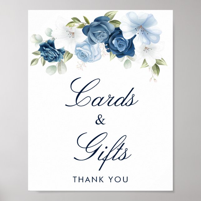 Dusty Blue Floral Cards and Gifts Bridal Shower Poster (Front)