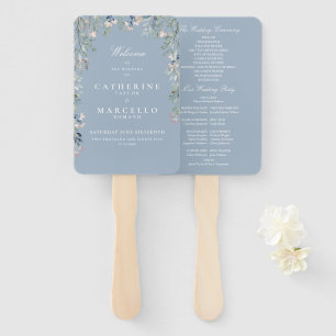 Dusty Blue Floral Cascade Wedding Program Hand Fan