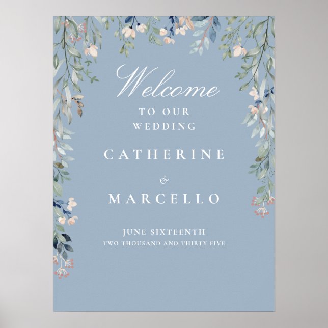 Dusty Blue Floral Cascade Wedding Welcome Sign (Front)