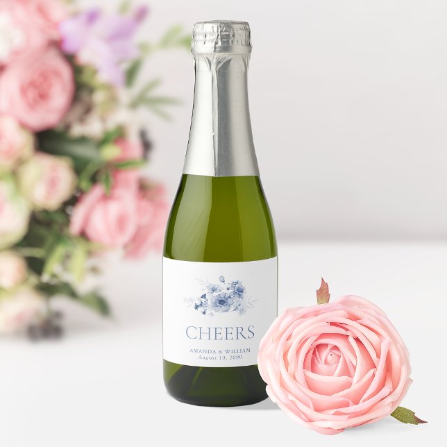 Dusty Blue Floral “CHEERS” Sparkling Wine Label (Creator Uploaded)