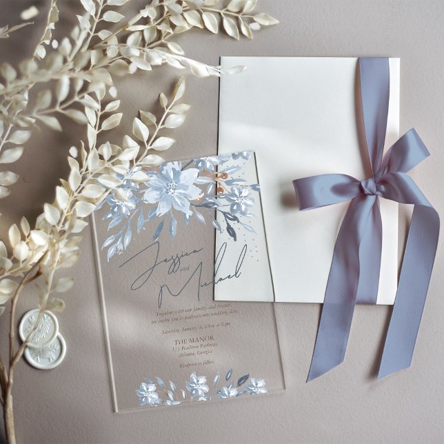 Dusty Blue Floral Chic Script Winter Theme Wedding Acrylic Invitations (Creator Uploaded)