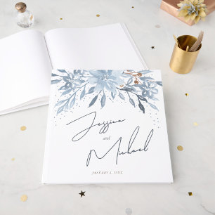 Dusty Blue Floral Chic Script Winter Theme Wedding Guest Book