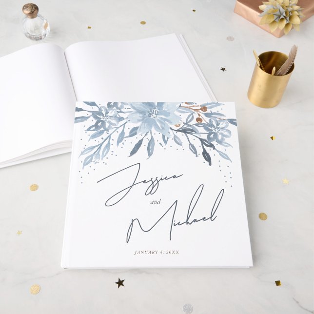 Dusty Blue Floral Chic Script Winter Theme Wedding Guest Book (Creator Uploaded)
