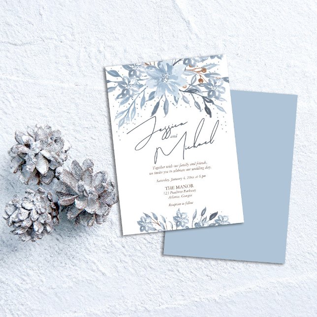 Dusty Blue Floral Chic Script Winter Theme Wedding Invitation (Creator Uploaded)