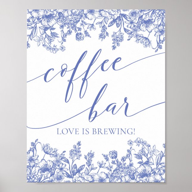 Dusty Blue Floral Coffee Bar Love is Brewing Sign (Front)