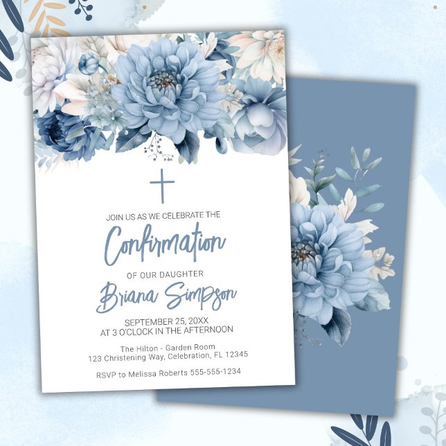 Dusty Blue Floral Confirmation Invitation (Creator Uploaded)