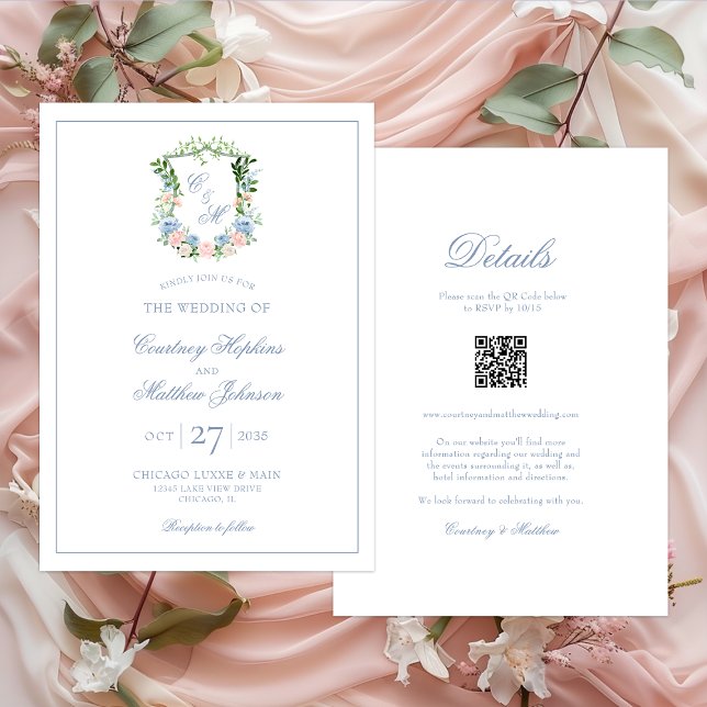 Dusty Blue Floral Crest All In One Wedding Invitation (Creator Uploaded)
