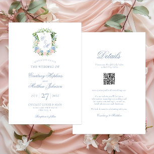 Dusty Blue Floral Crest All In One Wedding Invitation