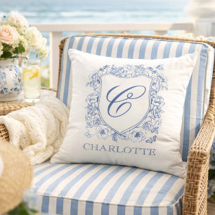 Dusty Blue Floral Crest Monogram Name Cushion
