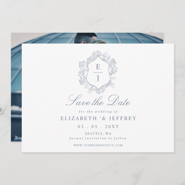 Dusty Blue Floral Crest Monogram Photo Save The Date (Front/Back)