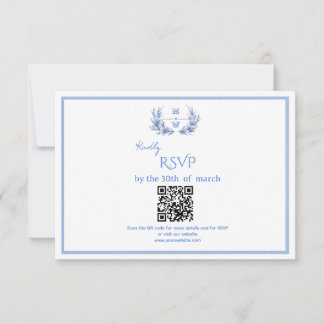 Dusty Blue Floral Crest Monogram QR Code Wedding RSVP Card