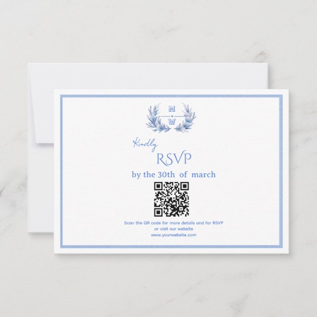 Dusty Blue Floral Crest Monogram QR Code Wedding RSVP Card (Front)
