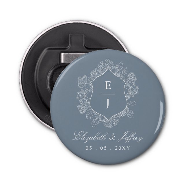 Dusty Blue Floral Crest Monogram Wedding Bottle Opener (Front)
