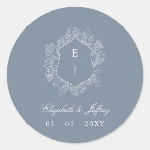 Dusty Blue Floral Crest Monogram Wedding Classic Round Sticker