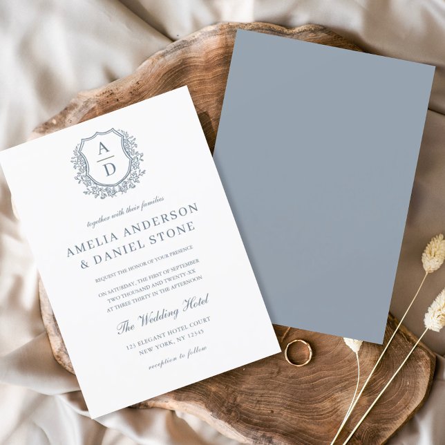 Dusty Blue Floral Crest Monogram Wedding Elegant Invitation (Creator Uploaded)