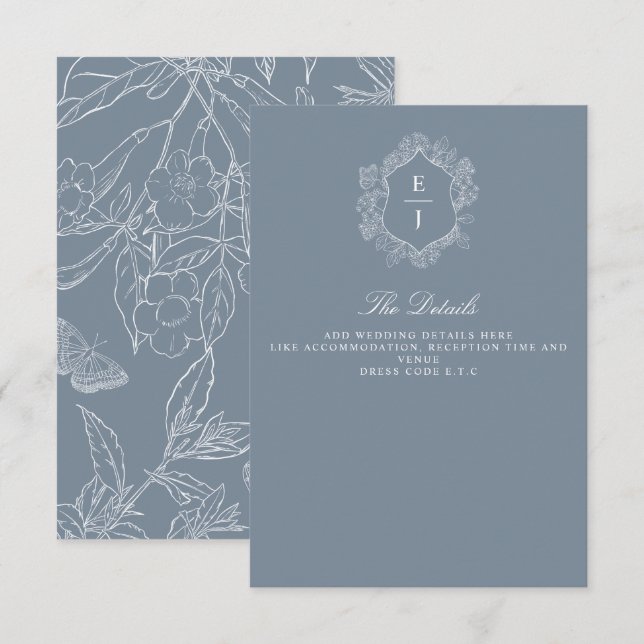 Dusty Blue Floral Crest Monogram Wedding Enclosure Card (Front/Back)