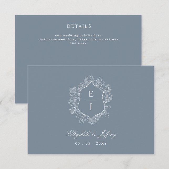 Dusty Blue Floral Crest Monogram Wedding Enclosure Card (Front/Back)