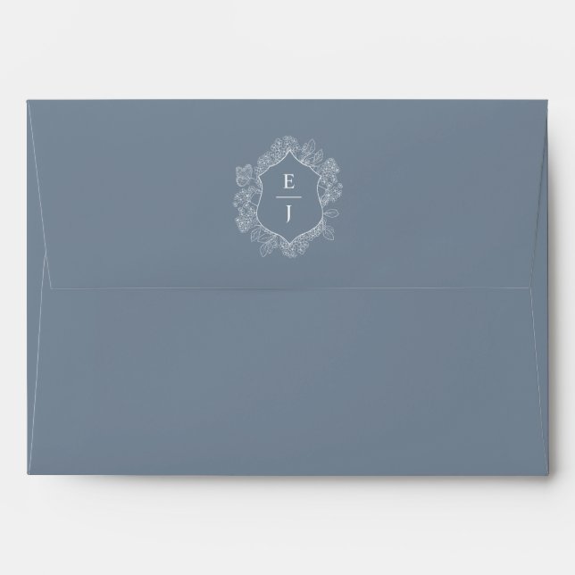 Dusty Blue Floral Crest Monogram Wedding Envelope (Back (Top Flap))