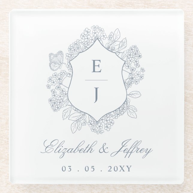 Dusty Blue Floral Crest Monogram Wedding Glass Coaster (Front)