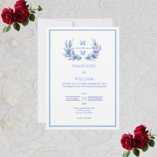 Dusty Blue Floral Crest Monogram Wedding Invitation