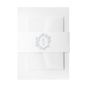 Dusty Blue Floral Crest Monogram Wedding Invitation Belly Band