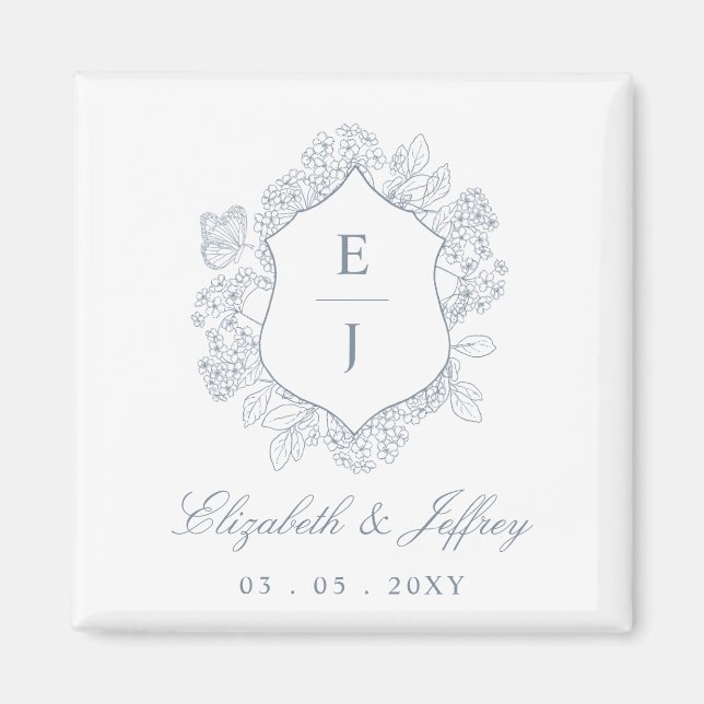 Dusty Blue Floral Crest Monogram Wedding Magnet (Front)