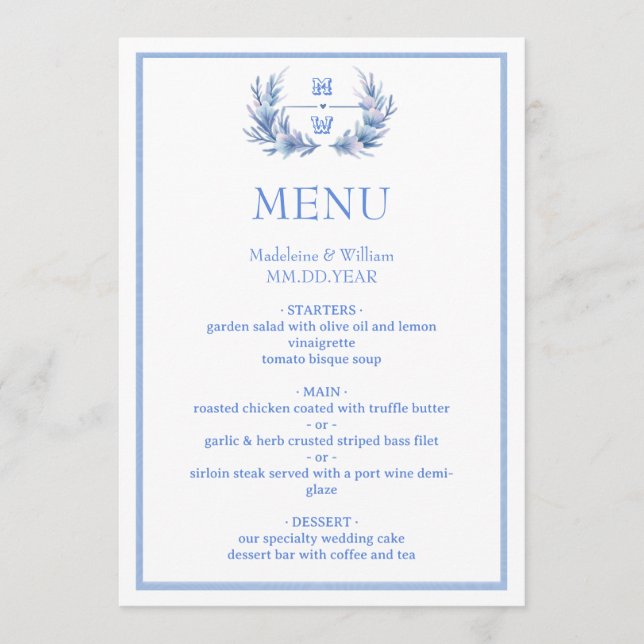 Dusty Blue Floral Crest Monogram Wedding Menu (Front)