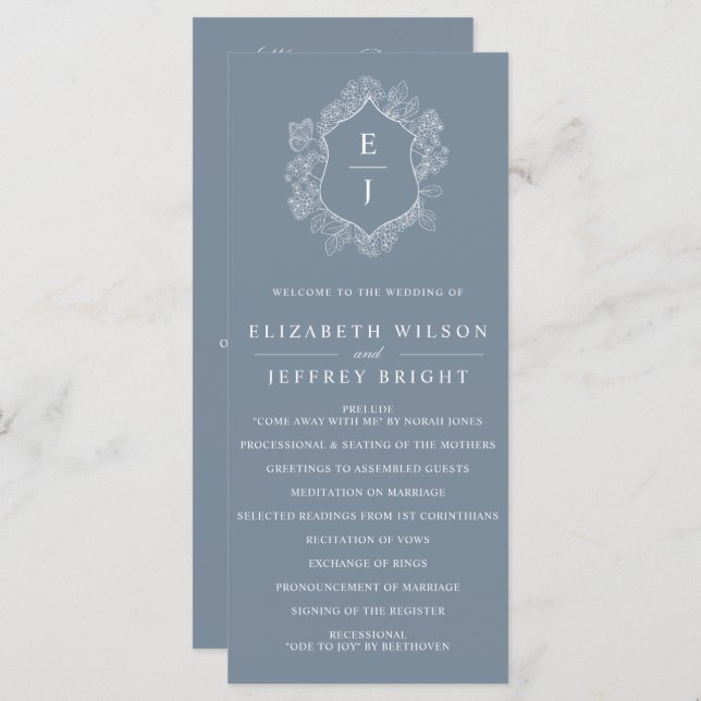 Dusty Blue Floral Crest Monogram Wedding Programme (Front/Back)