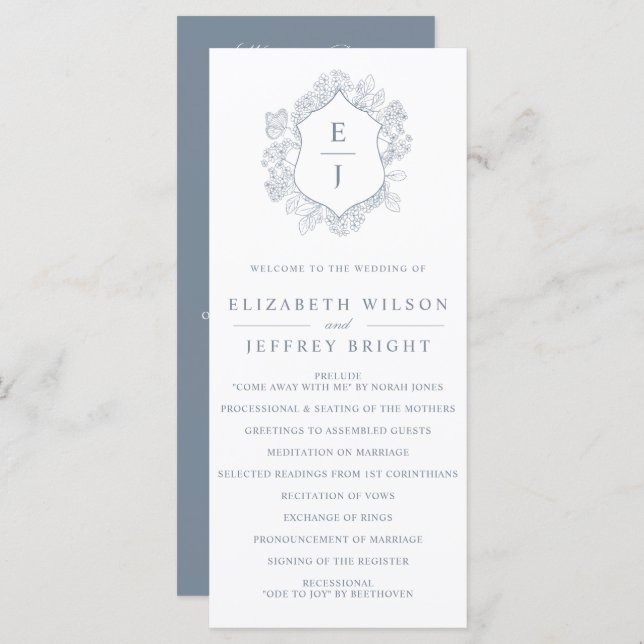 Dusty Blue Floral Crest Monogram Wedding Programme (Front/Back)