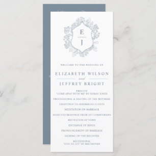 Dusty Blue Floral Crest Monogram Wedding Programme