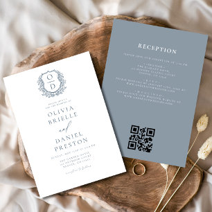 Dusty Blue Floral Crest Monogram Wedding QR Code Invitation