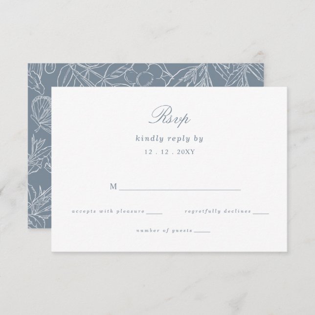 Dusty Blue Floral Crest Monogram Wedding RSVP Card (Front/Back)