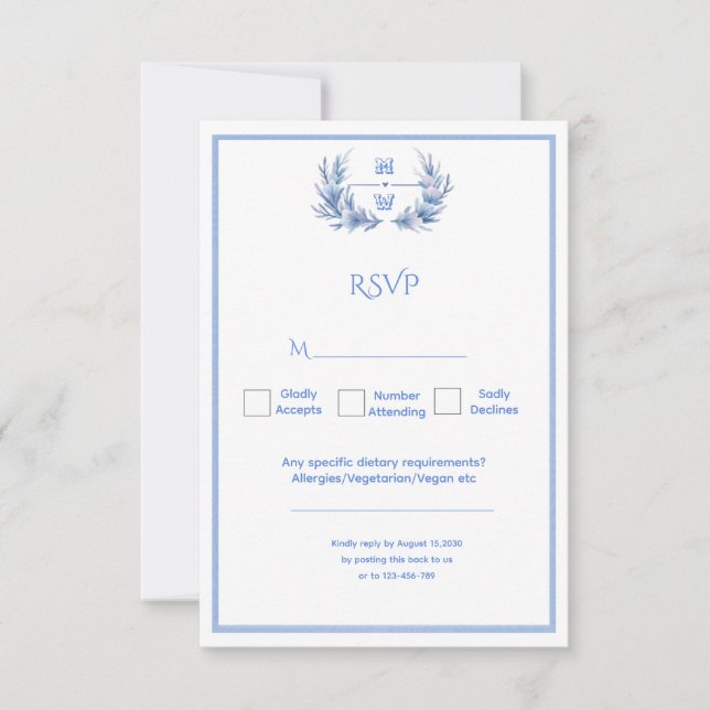 Dusty Blue Floral Crest Monogram Wedding RSVP Card (Front)