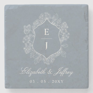 Dusty Blue Floral Crest Monogram Wedding Stone Coaster