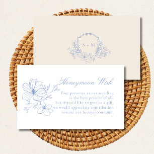 Dusty Blue Floral Crest Monogrammed Honeymoon Wish Enclosure Card
