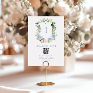 Dusty Blue Floral Crest QR Code Photo Sharing Table Number
