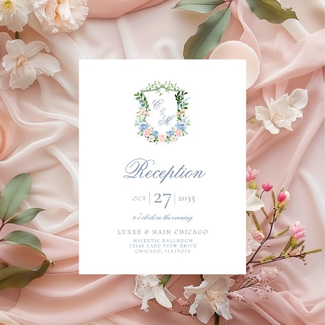 Dusty Blue Floral Crest Reception Enclosure Card (Creator Uploaded)