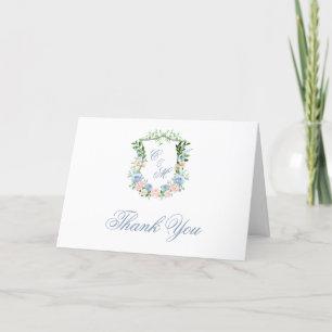 Dusty Blue Floral Crest Thank You Card