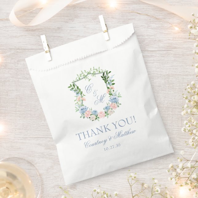 Dusty Blue Floral Crest Thank You Favour Bags (Clipped)