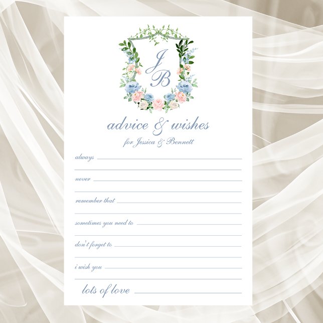 Dusty Blue Floral Crest Wedding Advice and Wishes (Creator Uploaded)