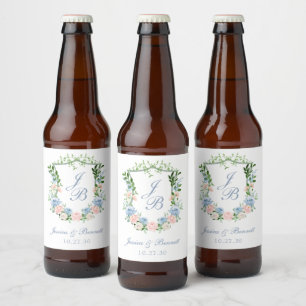 Dusty Blue Floral Crest Wedding Beer Bottle Label
