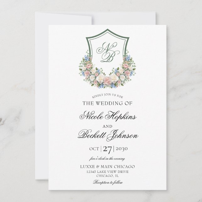 Dusty Blue Floral Crest Wedding Invitation (Front)