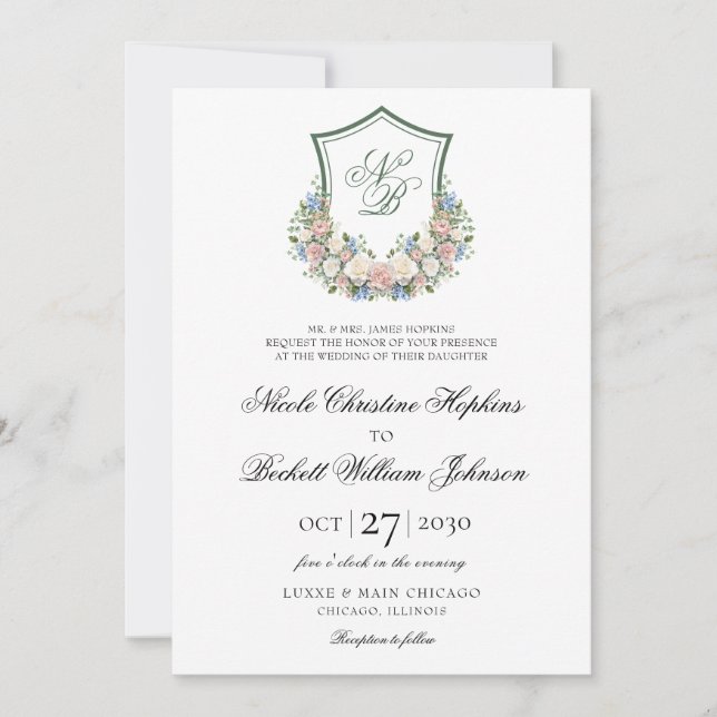 Dusty Blue Floral Crest Wedding Invitation (Front)